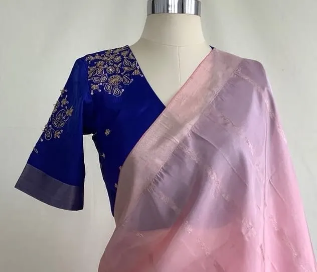 Royal Blue Silk Blouse with Paisley Zardosi Embroidery & Diamond Cutout Back | Designer Saree Blouse
