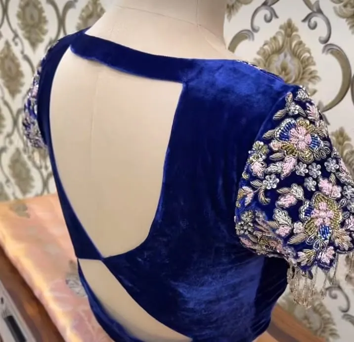 Royal Blue Velvet Saree Blouse with Heavy Hand Floral Embroidery & Beaded Fringe Sleeves | Cutout Back Bridal Designer Blouse