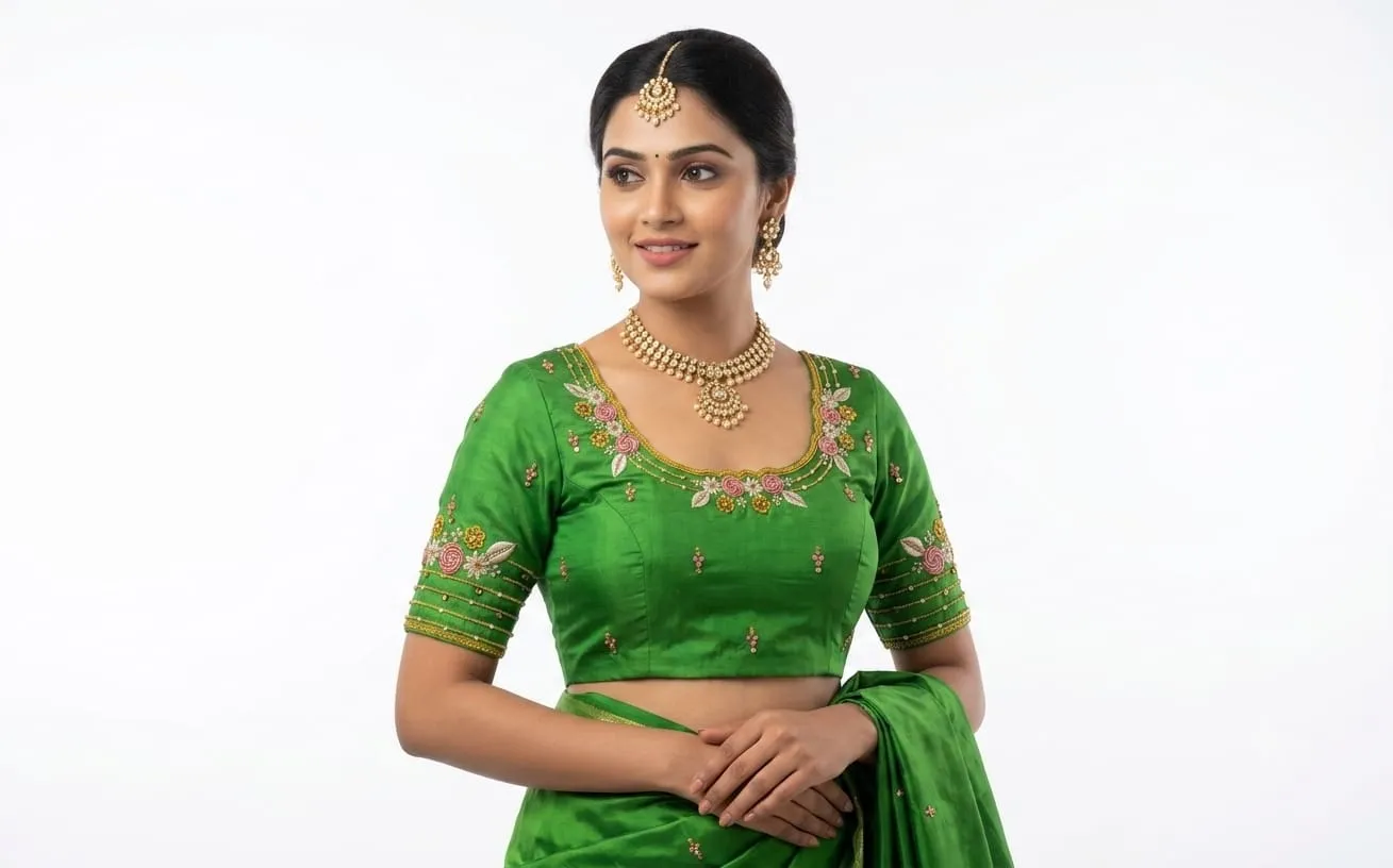 Royal Green Raw Silk Computer Work Blouse | Floral Hand Embroidered Bridal Saree Blouse with Latkan