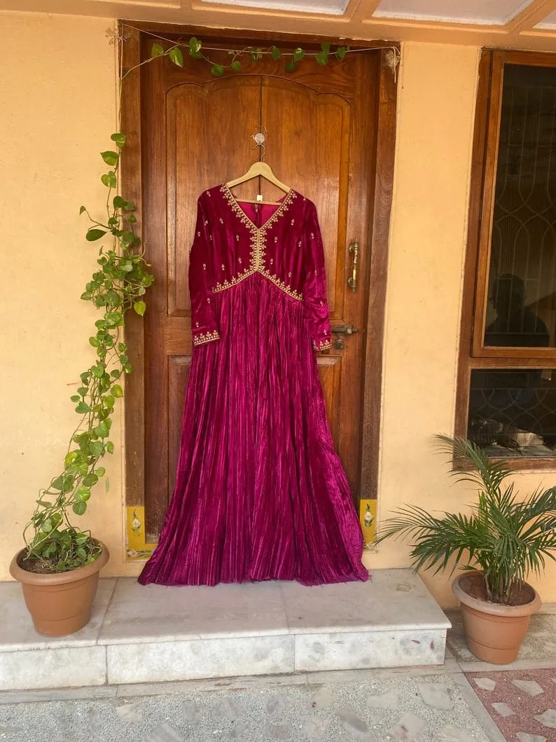 Royal Magenta Velvet Long Gown, Gold Hand Embroidered Yoke Partywear Anarkali Dress, Designer Full Sleeve Velvet Maxi Outfit