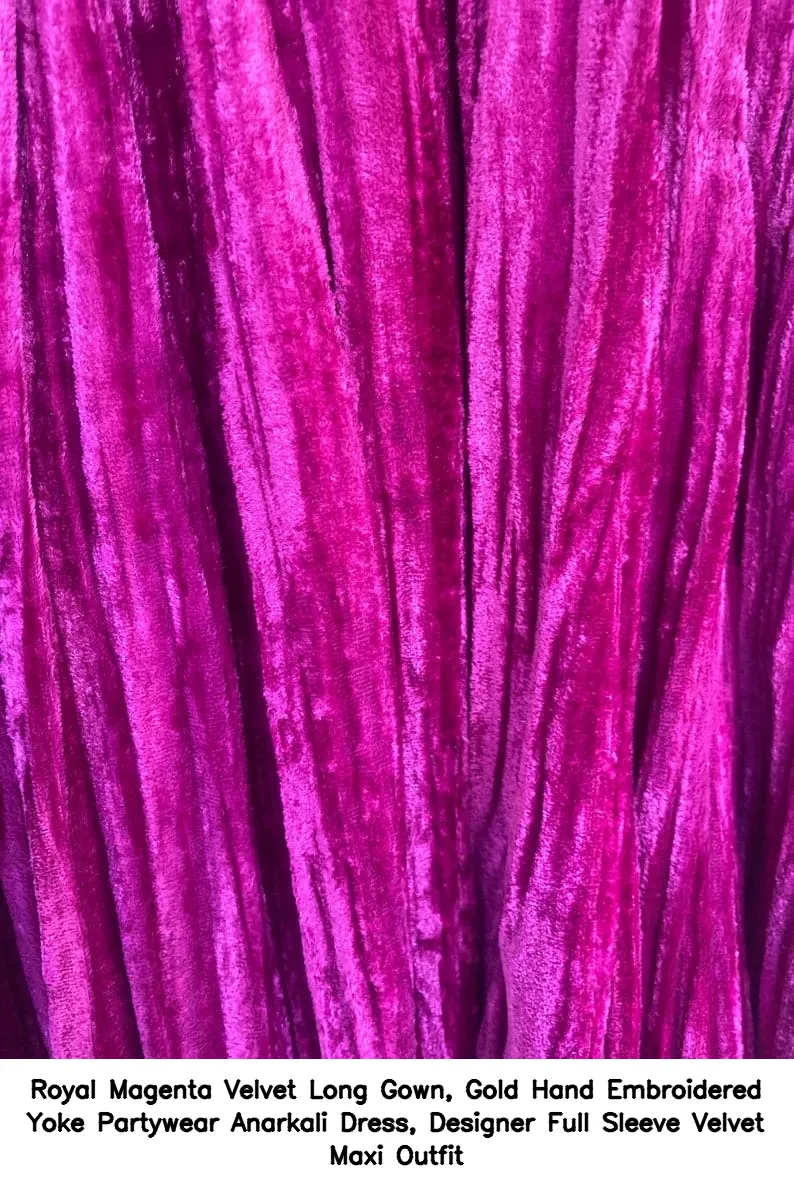 Royal Magenta Velvet Long Gown, Gold Hand Embroidered Yoke Partywear Anarkali Dress, Designer Full Sleeve Velvet Maxi Outfit 2