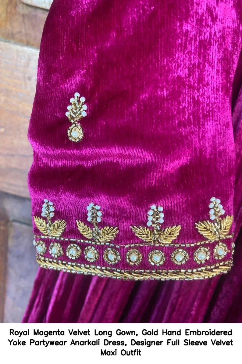 Royal Magenta Velvet Long Gown, Gold Hand Embroidered Yoke Partywear Anarkali Dress, Designer Full Sleeve Velvet Maxi Outfit 3
