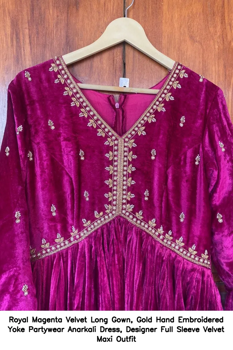 Royal Magenta Velvet Long Gown, Gold Hand Embroidered Yoke Partywear Anarkali Dress, Designer Full Sleeve Velvet Maxi Outfit 4