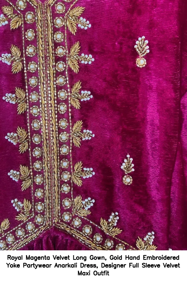 Royal Magenta Velvet Long Gown, Gold Hand Embroidered Yoke Partywear Anarkali Dress, Designer Full Sleeve Velvet Maxi Outfit 5