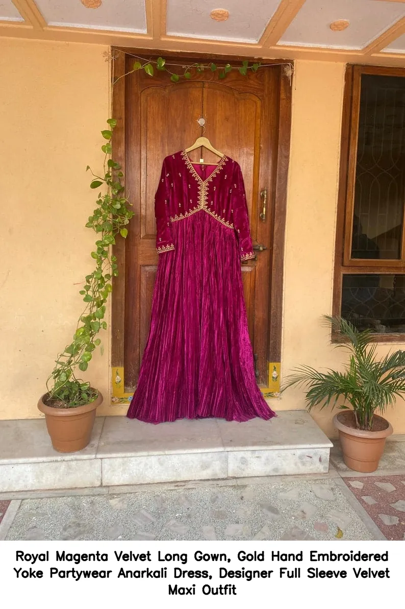 Royal Magenta Velvet Long Gown, Gold Hand Embroidered Yoke Partywear Anarkali Dress, Designer Full Sleeve Velvet Maxi Outfit 6
