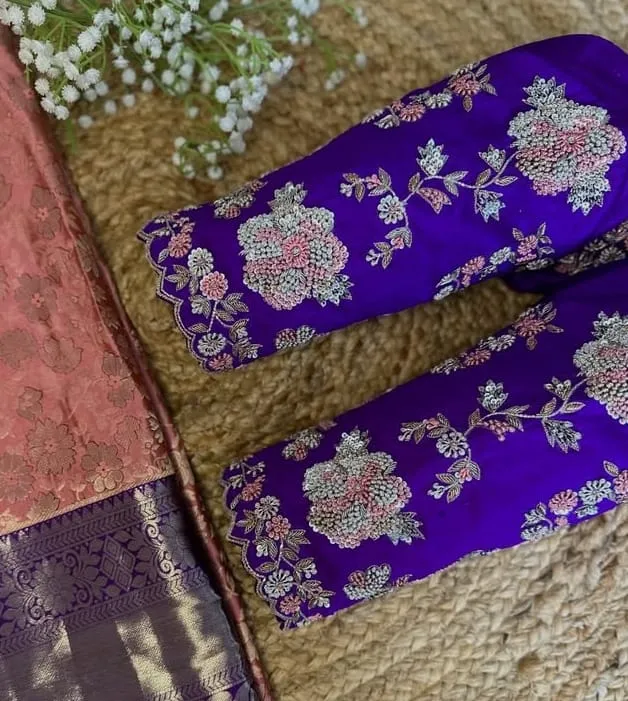 Royal Purple Heavy Maggam Work Blouse with Scallop Neck | Designer Silk Saree Blouse 1