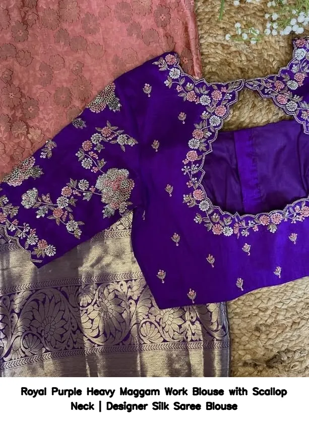 Royal Purple Heavy Maggam Work Blouse with Scallop Neck | Designer Silk Saree Blouse 2