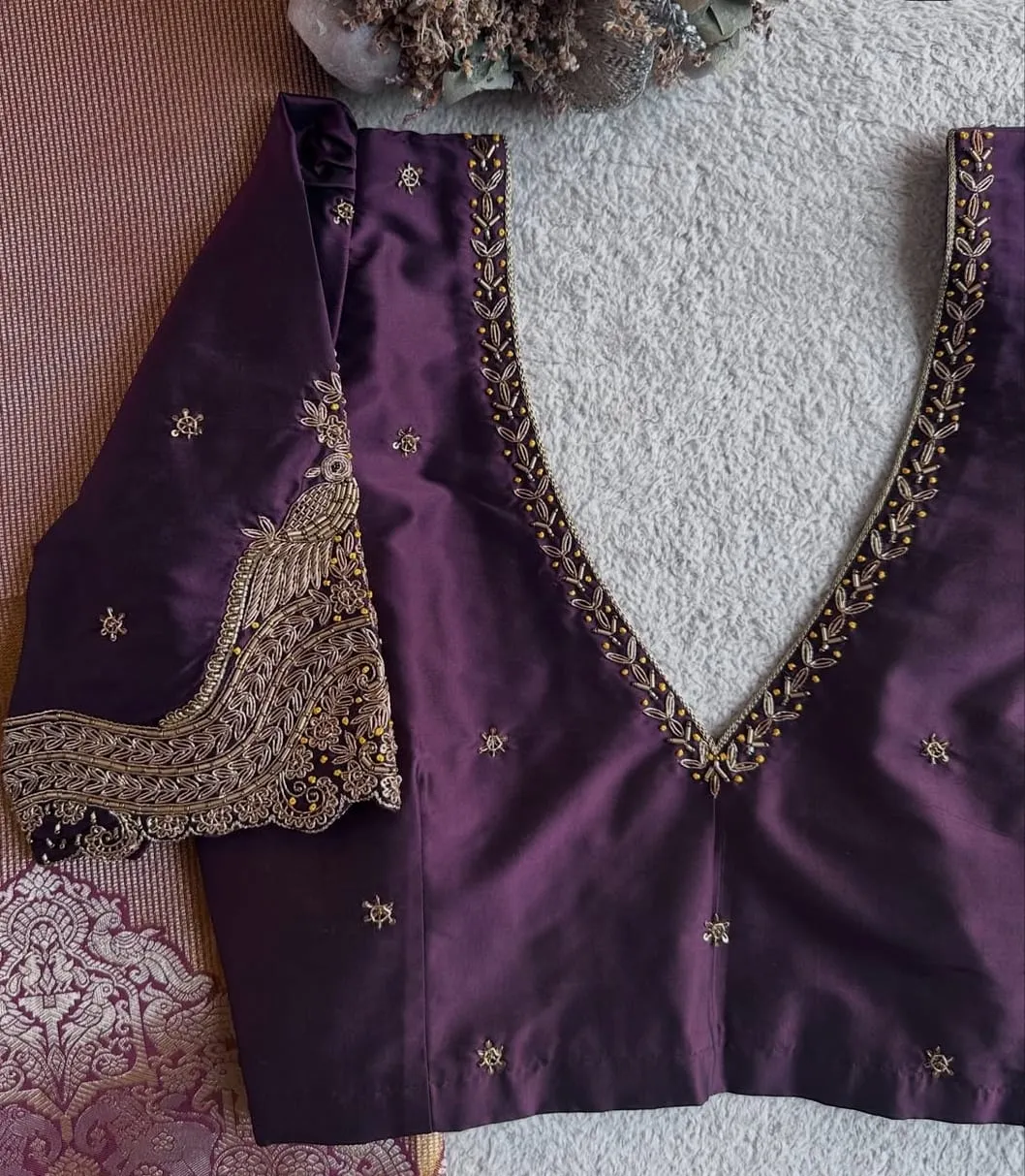 Royal Purple Peacock Maggam Work Silk Blouse | Handcrafted Deep V-Neck Design 1