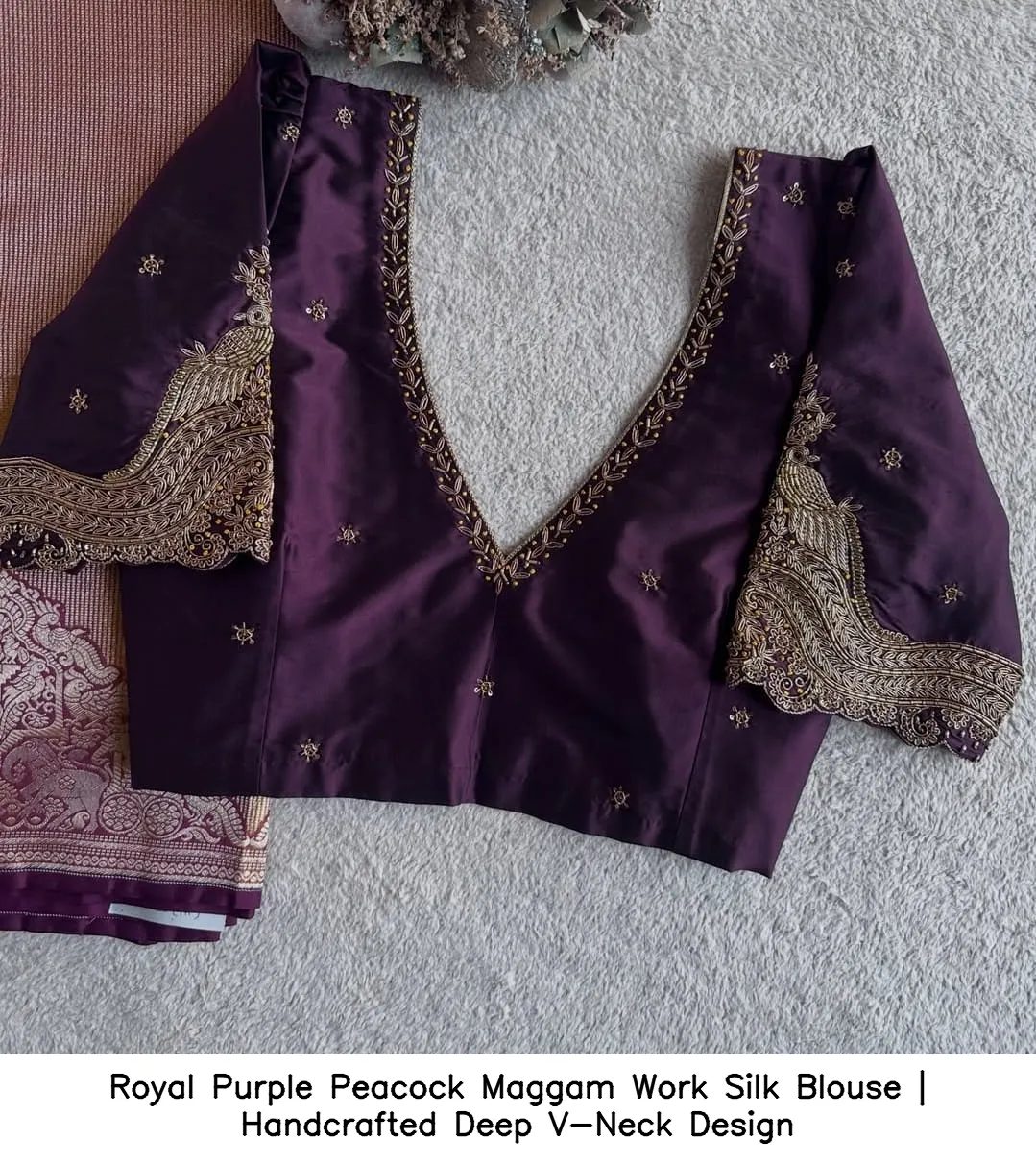 Royal Purple Peacock Maggam Work Silk Blouse | Handcrafted Deep V-Neck Design 2