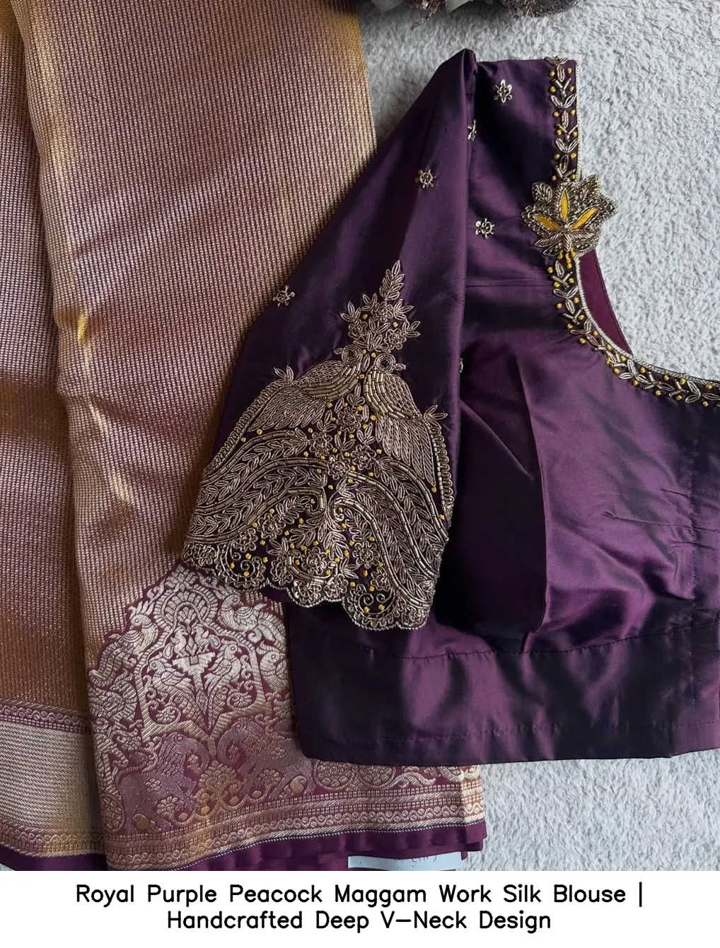 Royal Purple Peacock Maggam Work Silk Blouse | Handcrafted Deep V-Neck Design 3