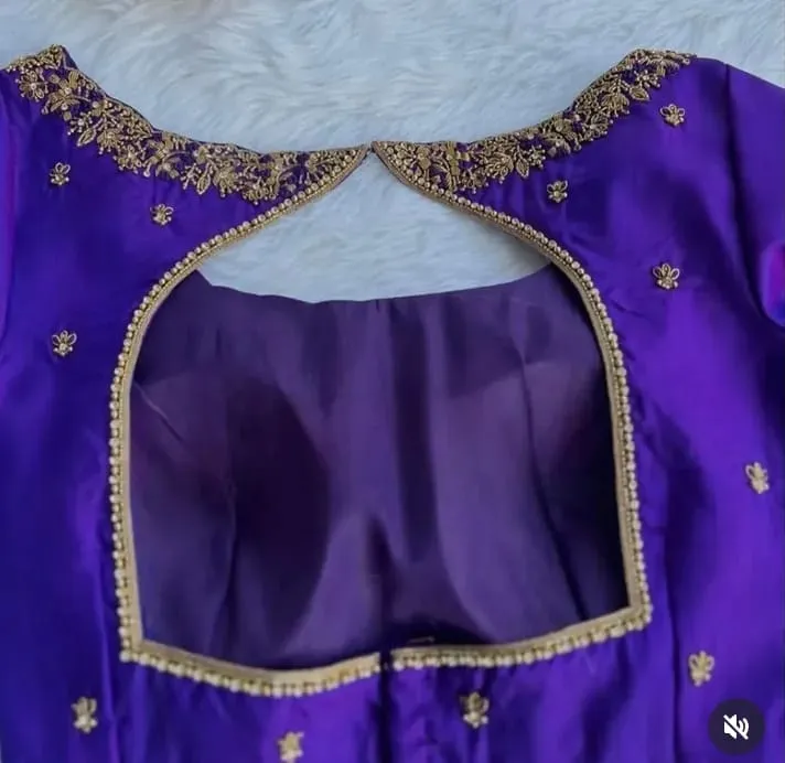 Royal Purple Raw Silk Blouse with Keyhole Cut-Out Back & Gold Zardosi Hand Embroidery