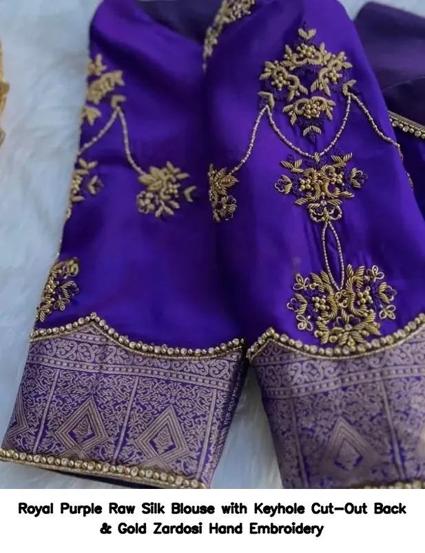 Royal Purple Raw Silk Blouse with Keyhole Cut-Out Back & Gold Zardosi Hand Embroidery 2