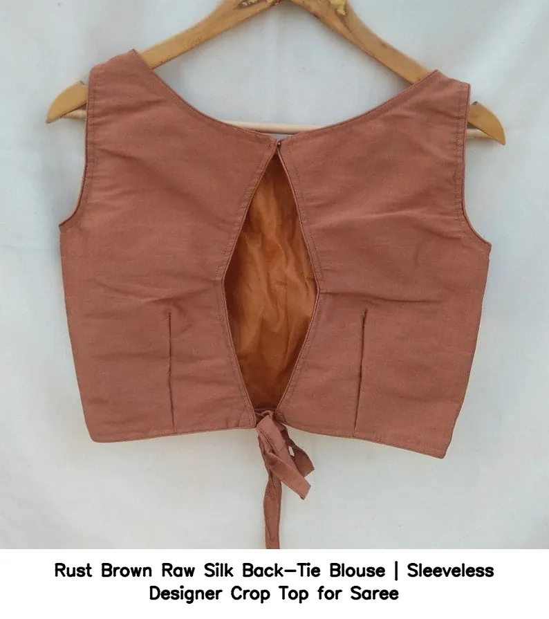 Rust Brown Raw Silk Back-Tie Blouse | Sleeveless Designer Crop Top for Saree 2