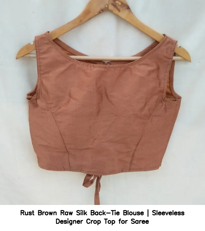 Rust Brown Raw Silk Back-Tie Blouse | Sleeveless Designer Crop Top for Saree 3