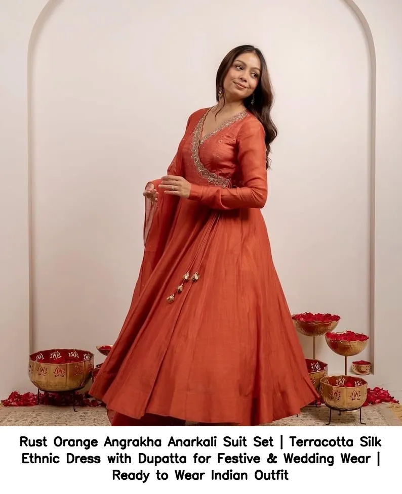 Rust Orange Angrakha Anarkali Suit Set | Terracotta Silk Ethnic Dress with Dupatta for Festive & Wedding Wear | Ready to Wear Indian Outfit 2