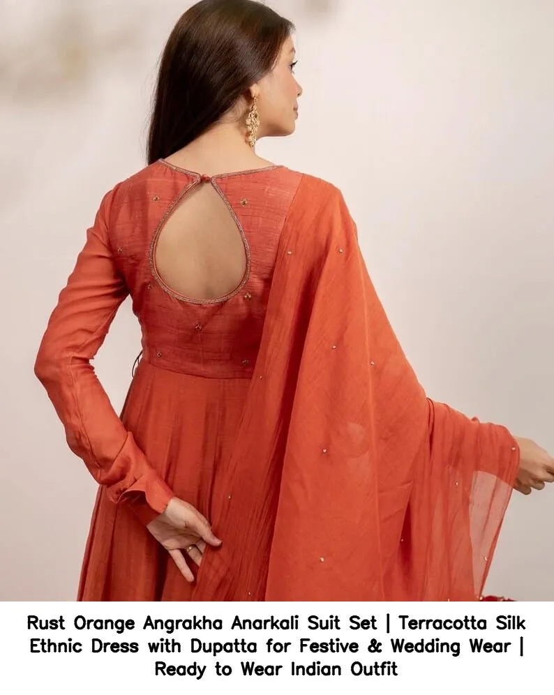 Rust Orange Angrakha Anarkali Suit Set | Terracotta Silk Ethnic Dress with Dupatta for Festive & Wedding Wear | Ready to Wear Indian Outfit 5