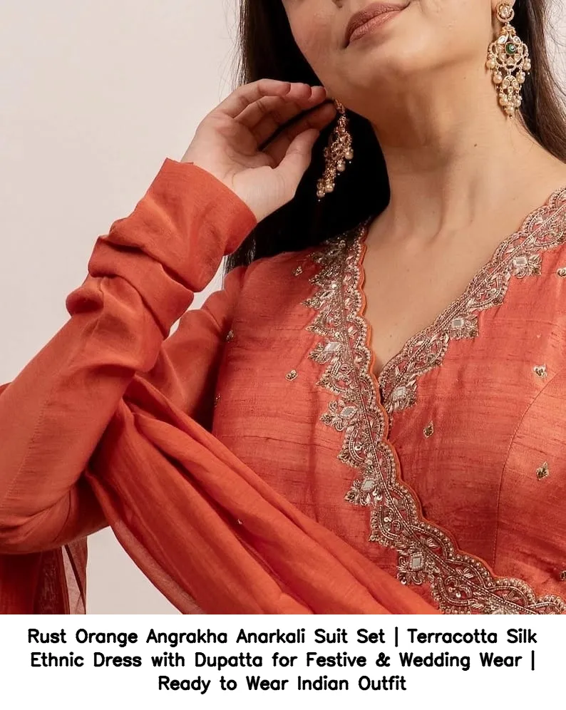Rust Orange Angrakha Anarkali Suit Set | Terracotta Silk Ethnic Dress with Dupatta for Festive & Wedding Wear | Ready to Wear Indian Outfit 6