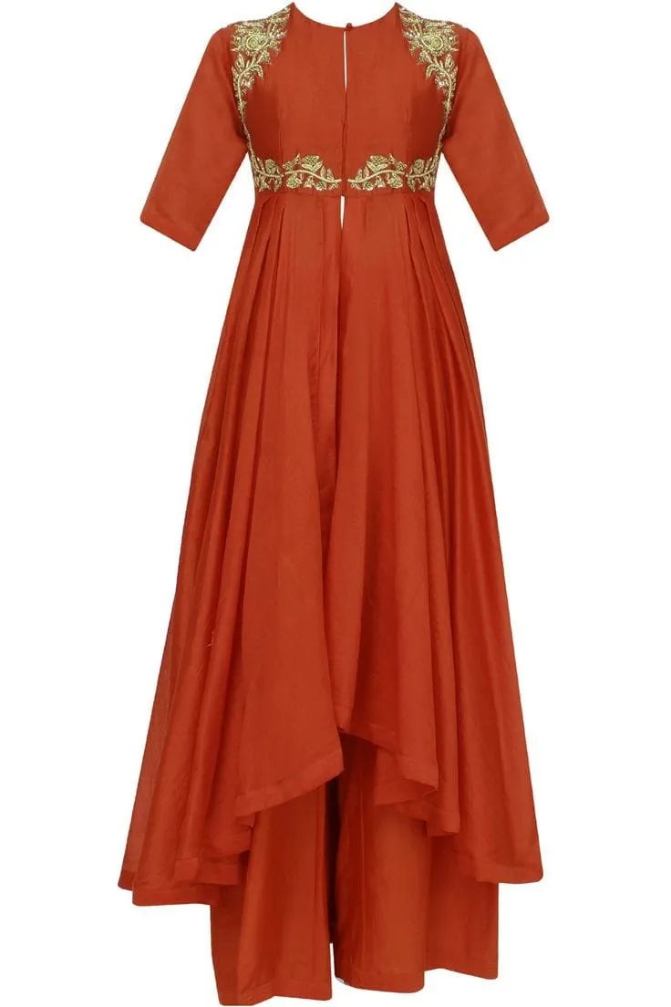 Rust Orange Embroidered A-Line Kurta and Palazzo Set – Festive Ethnic Wear for Women