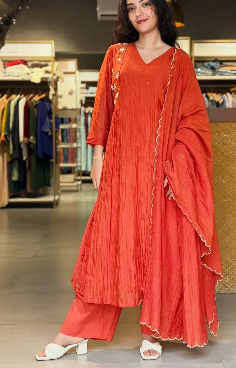 Rust Orange Embroidered Kurta Set with Scalloped Dupatta