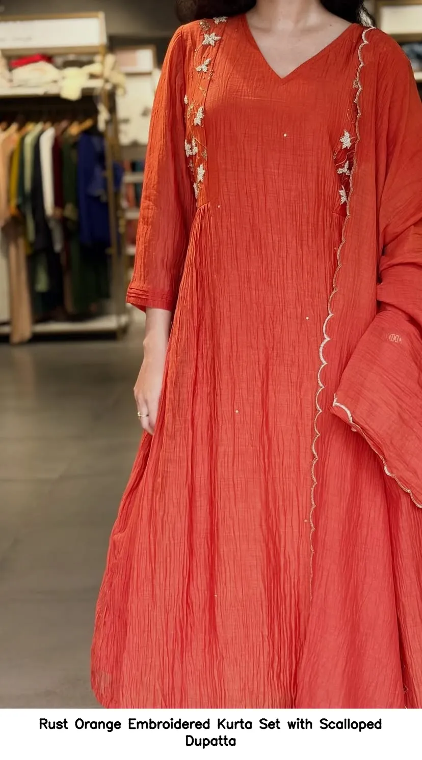 Rust Orange Embroidered Kurta Set with Scalloped Dupatta 2