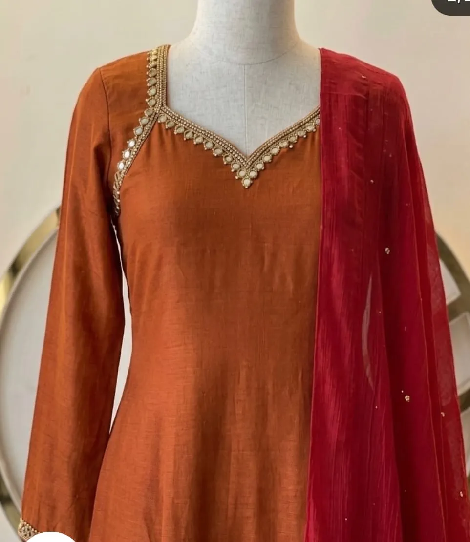 Rust Orange Silk Anarkali Suit Set with Contrast Red Dupatta