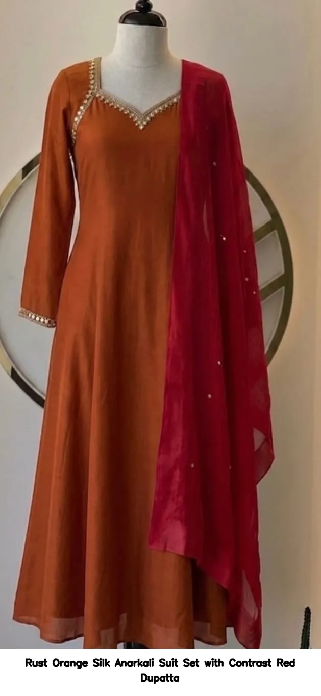 Rust Orange Silk Anarkali Suit Set with Contrast Red Dupatta 2