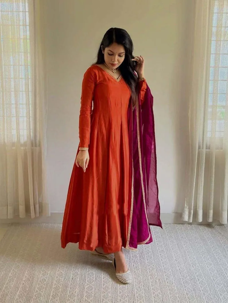 Rust Orange Silk Blend Anarkali Kurti Set with Magenta Dupatta | Full Sleeve V-Neck Ethnic Dress for Women