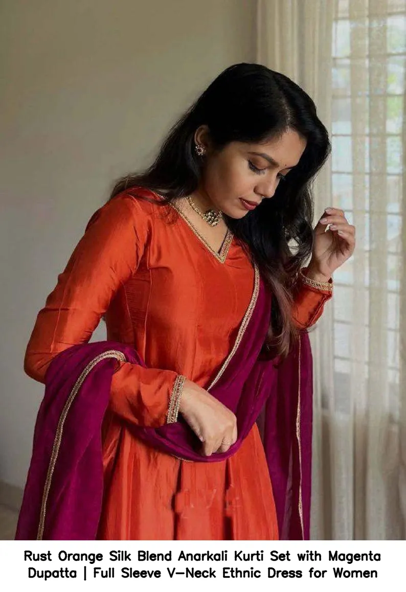 Rust Orange Silk Blend Anarkali Kurti Set with Magenta Dupatta | Full Sleeve V-Neck Ethnic Dress for Women 2