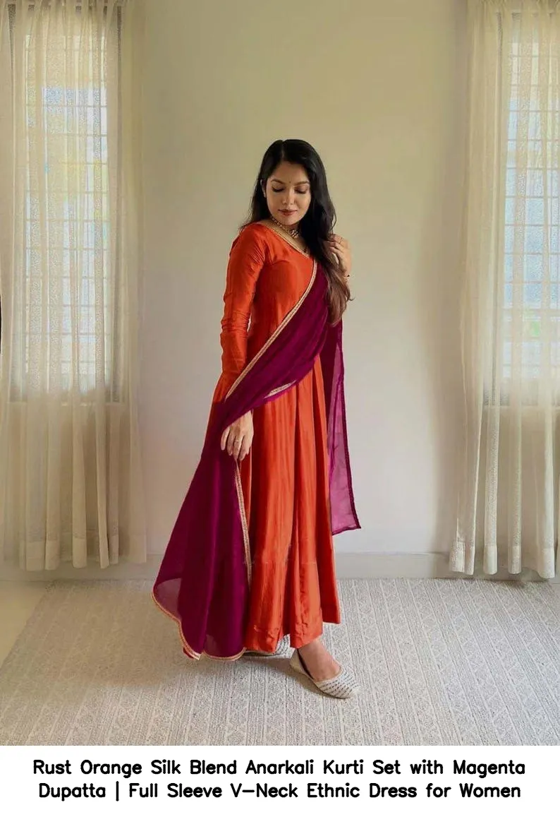 Rust Orange Silk Blend Anarkali Kurti Set with Magenta Dupatta | Full Sleeve V-Neck Ethnic Dress for Women 3