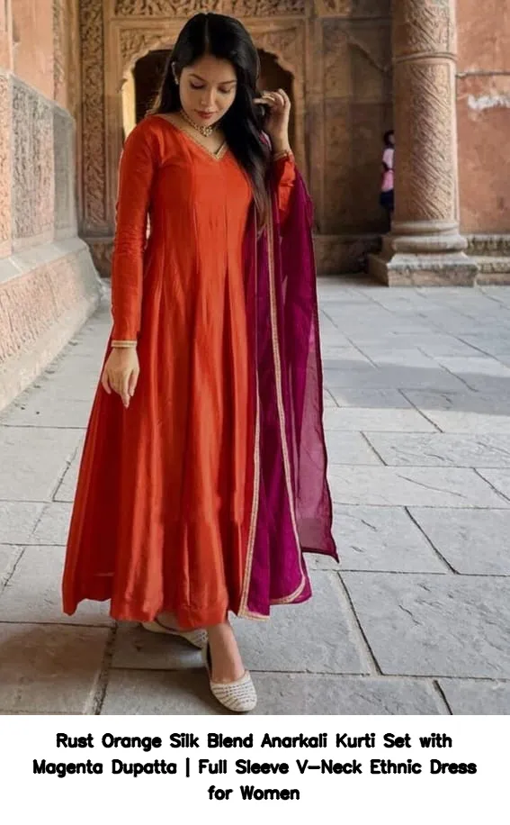 Rust Orange Silk Blend Anarkali Kurti Set with Magenta Dupatta | Full Sleeve V-Neck Ethnic Dress for Women 4