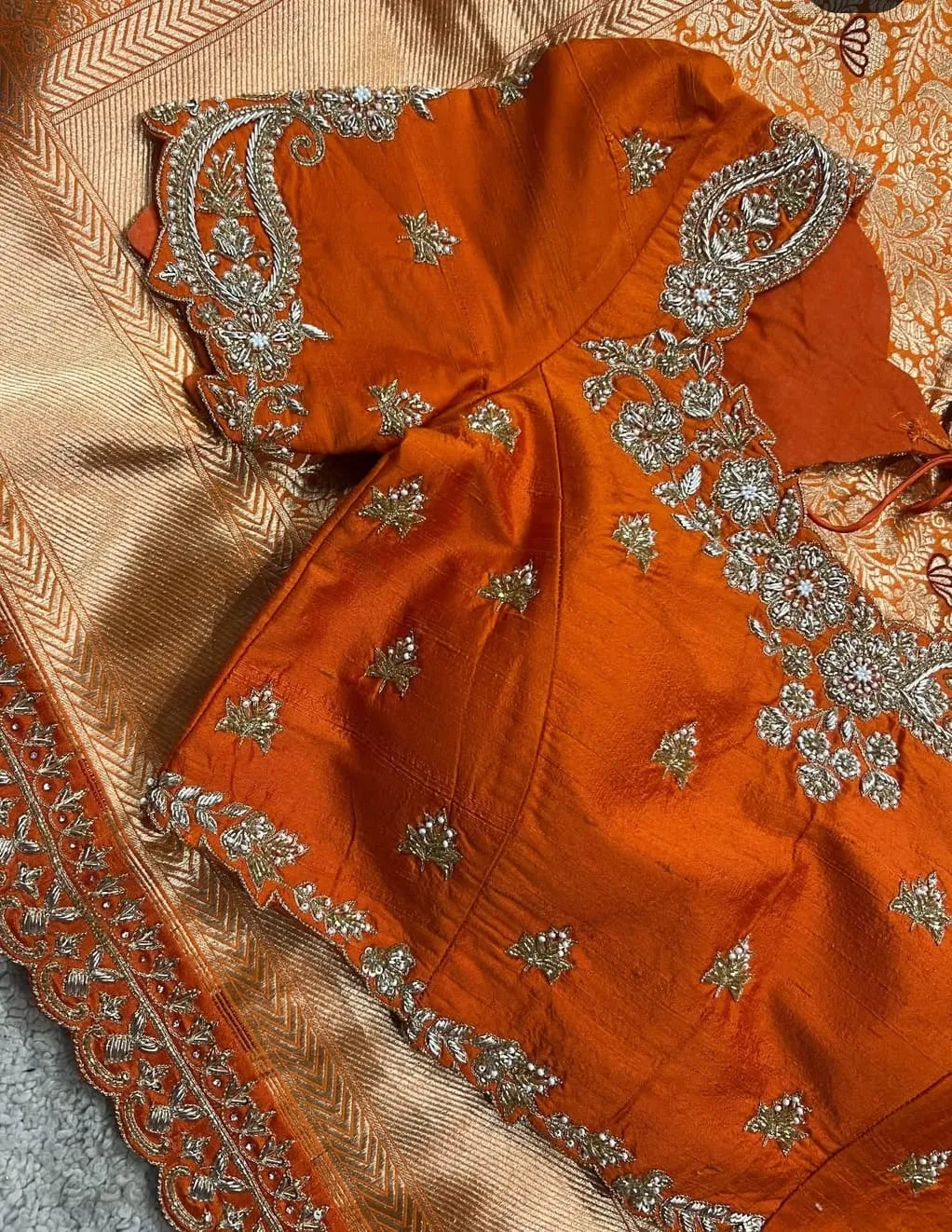 Rust Orange Silk Blouse with Paisley Work – Scalloped Edge Aari Embroidery Blouse 1