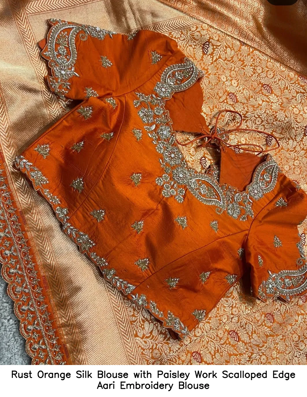 Rust Orange Silk Blouse with Paisley Work – Scalloped Edge Aari Embroidery Blouse 2