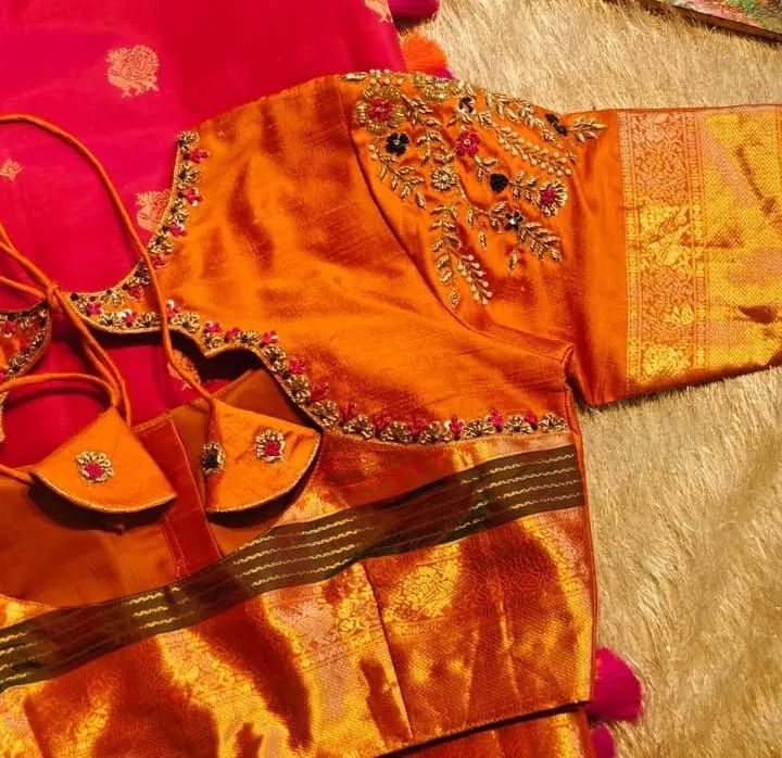 Rust Orange Silk Maggam Work Blouse with Pearl Floral Clusters & Cutout Back | Designer Saree Blouse