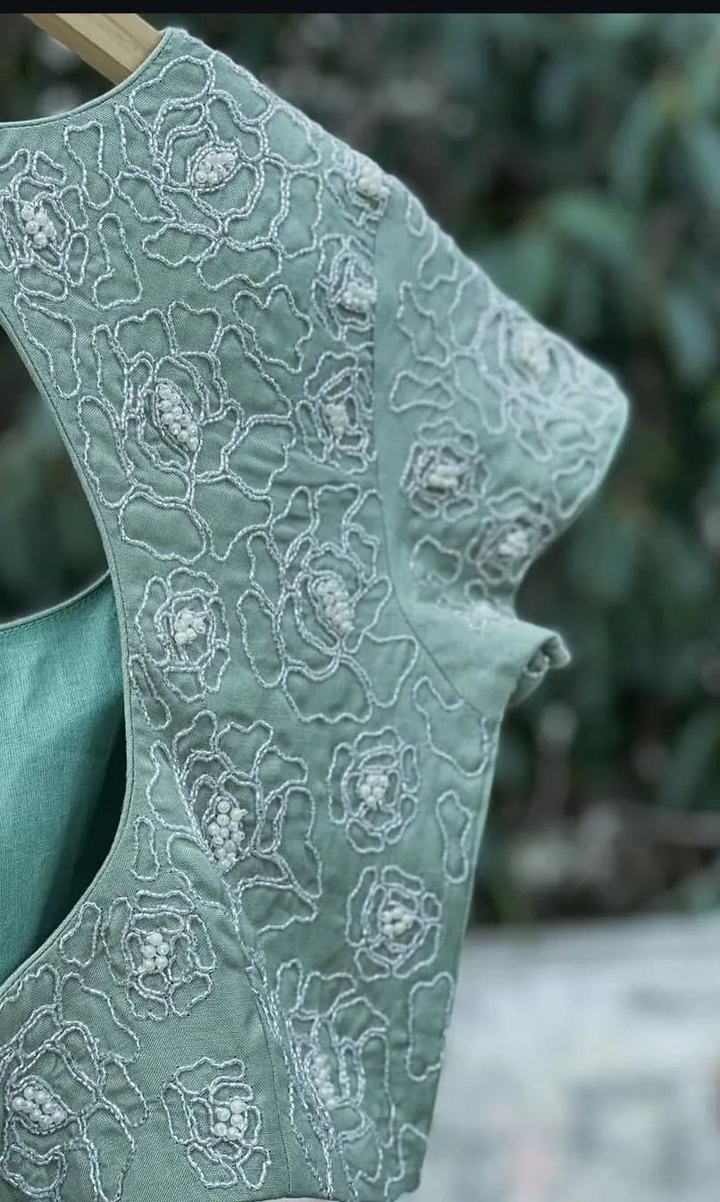Sage Green Floral Embroidered Designer Blouse | Handcrafted Pearl Detail Party Wear Top