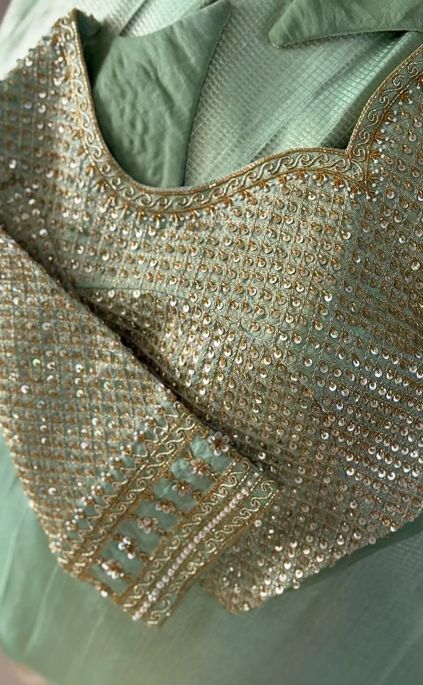 Sage Green Heavy Sequin Embroidered Blouse Designer Gold Work Ethnic Crop Top Premium Wedding Festive Wear