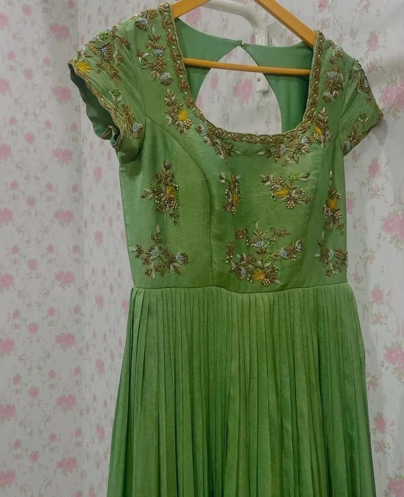 Sage Green Zardozi Embroidered Yoke Long Gown, Designer Keyhole Front Partywear Anarkali Dress, Pleated Indo-Western Maxi Outfit