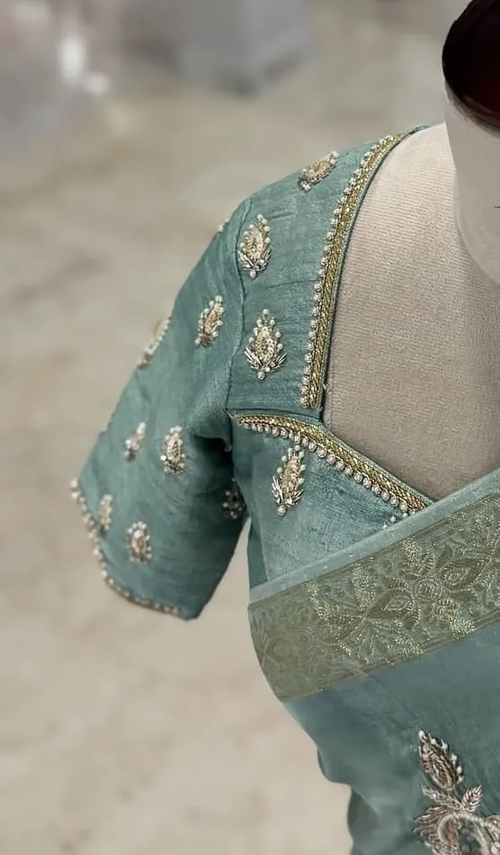 Sea Green Silk Blouse with Handcrafted Zardosi Embroidery