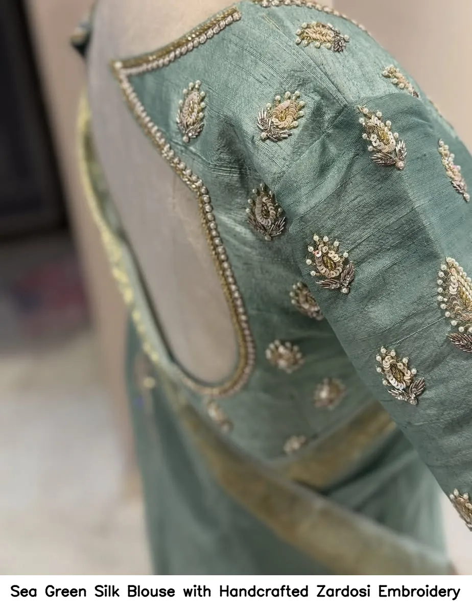 Sea Green Silk Blouse with Handcrafted Zardosi Embroidery 2