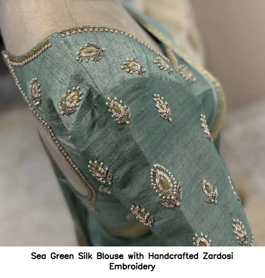 Sea Green Silk Blouse with Handcrafted Zardosi Embroidery 3