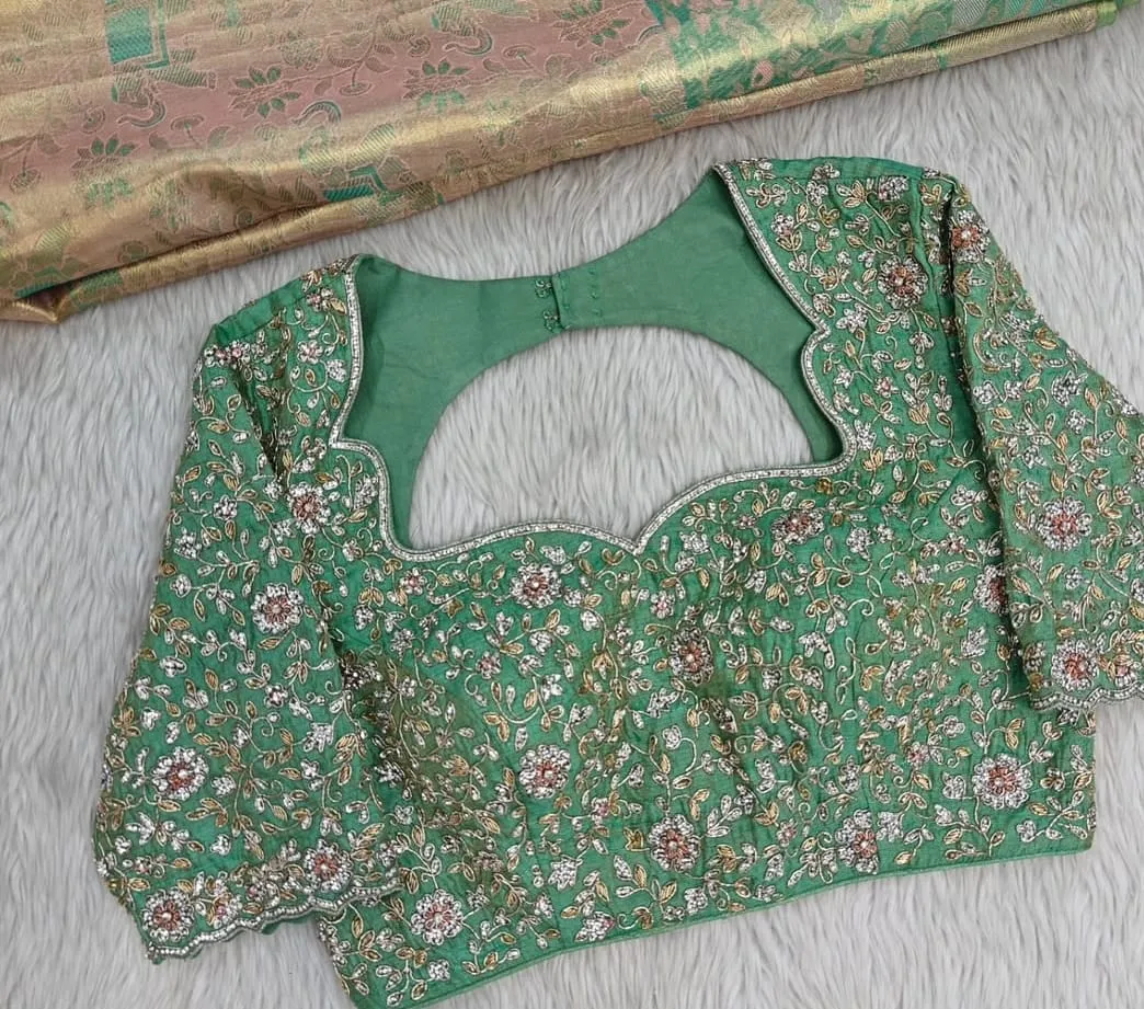 Sea Green Silk Blouse with Heavy Floral Hand Embroidery & Sweetheart Scallop Neck | Designer Bridal Saree Blouse