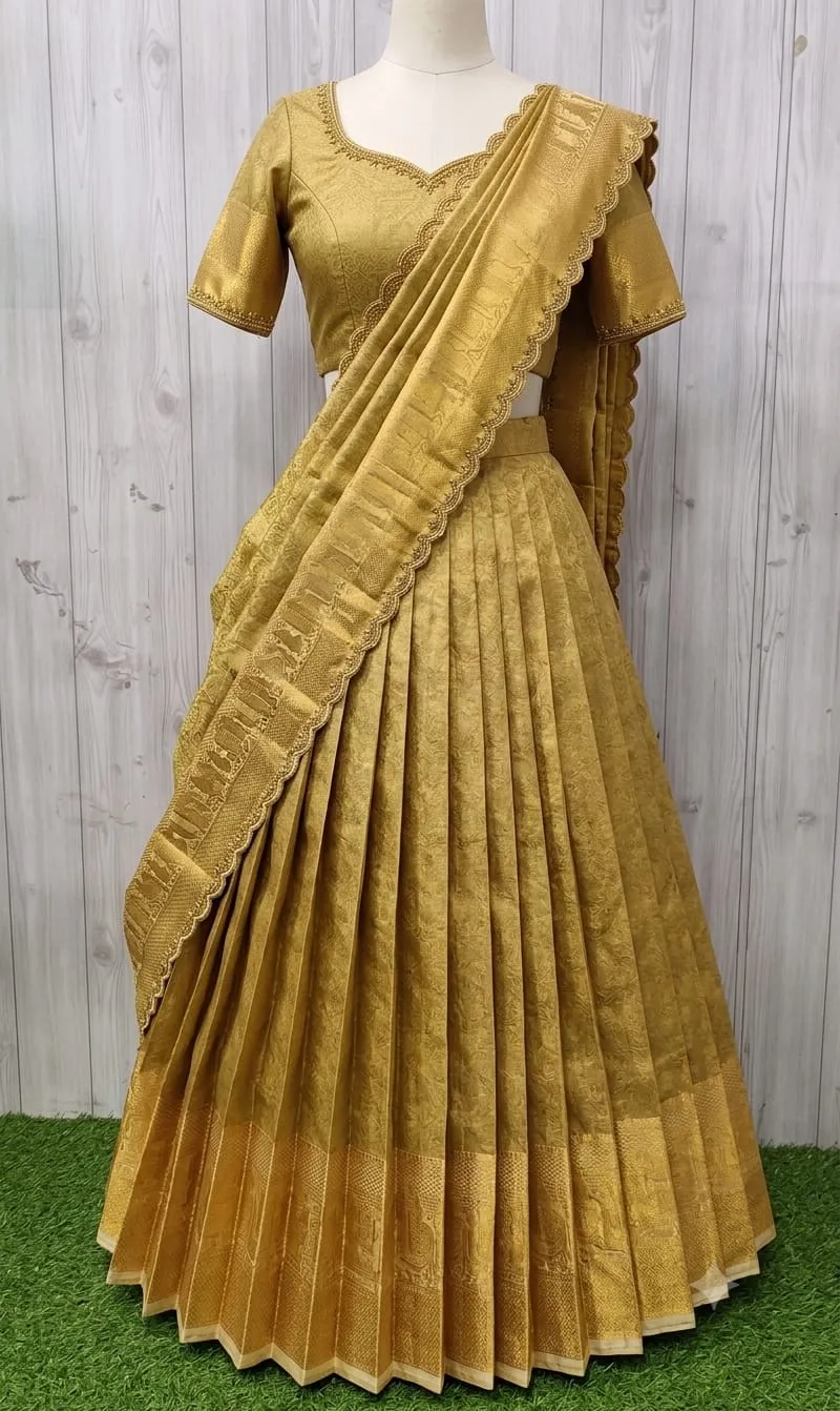 Semi Kanchi Pattu Pleated Lehenga with Handcrafted Neckwork & Scallop Dupatta – Antique Gold