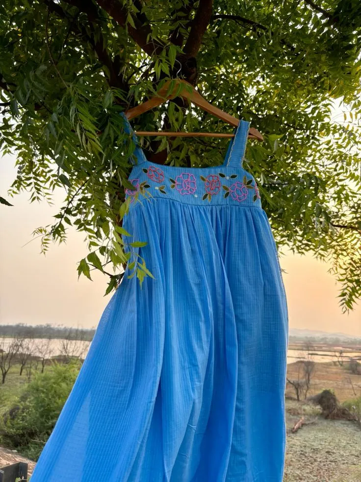 Sky Blue Hand Embroidered Strap Frock | Cotton Sleeveless Floral Work Maxi Dress for Summer