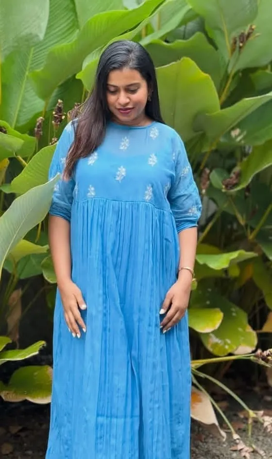 Sky Blue Organza Maxi Dress with Embroidered Yoke | Fusion Indo-Western Wear