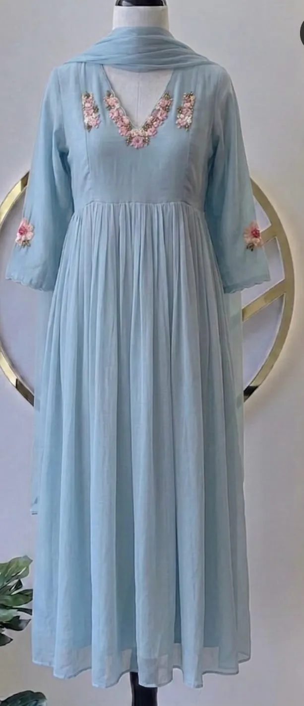 Sky Blue Pleated Georgette Anarkali Suit - 3D Floral Embroidered V-Neck Frock with Dupatta