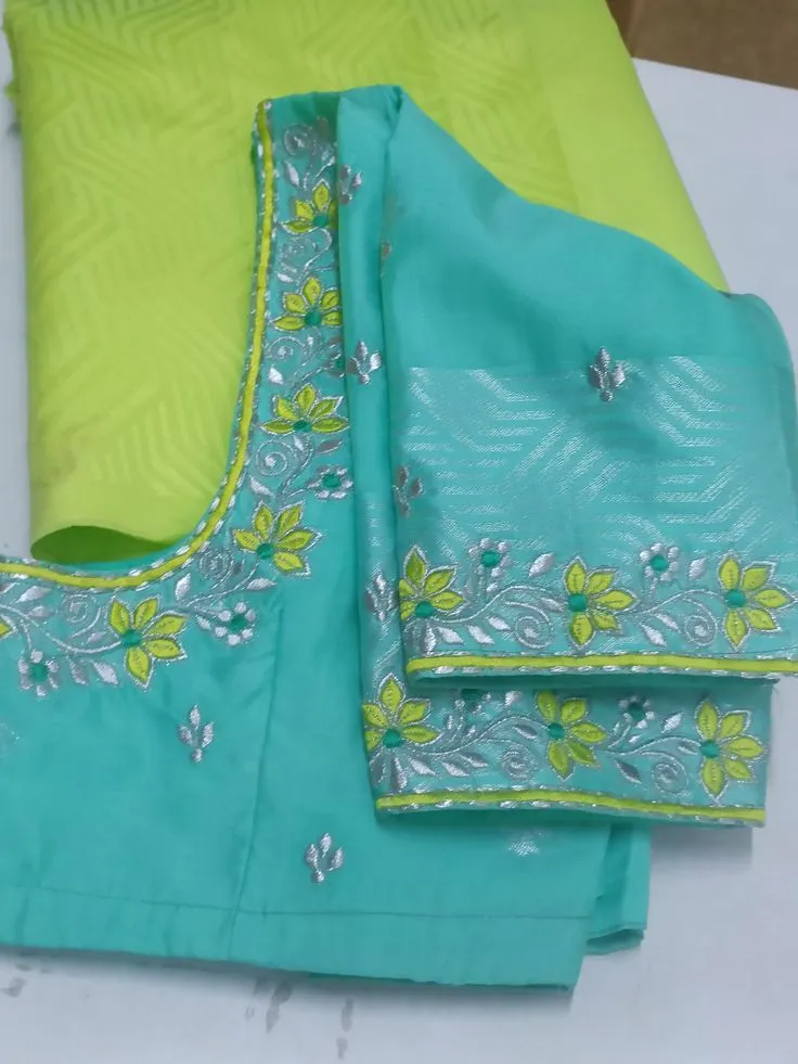 Sky Blue Silk Blouse with Lime Green Floral Motifs for Festive Sarees