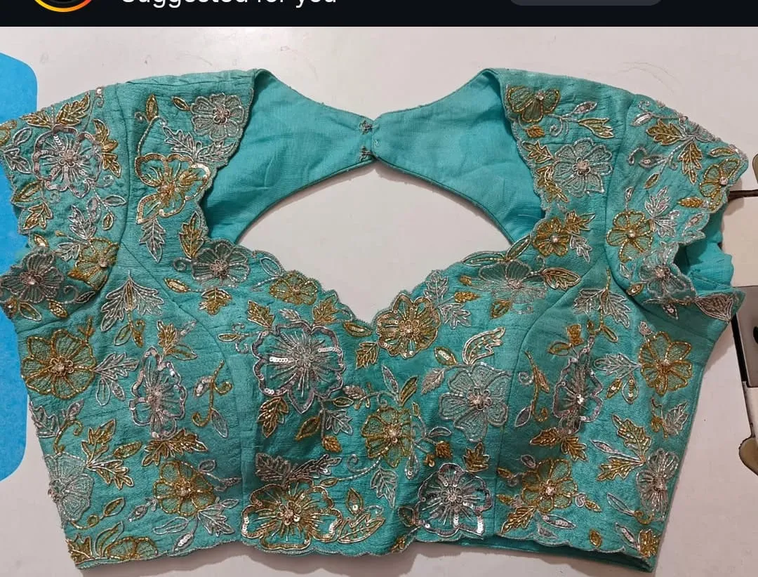 Sky Blue Silk Floral Embroidery Blouse | Handcrafted Sequin & Scalloped Sweetheart Neck 1