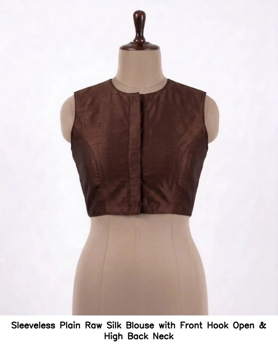 Sleeveless Plain Raw Silk Blouse with Front Hook Open & High Back Neck 2