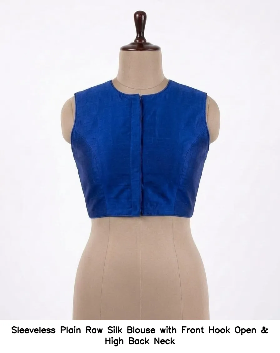 Sleeveless Plain Raw Silk Blouse with Front Hook Open & High Back Neck 4