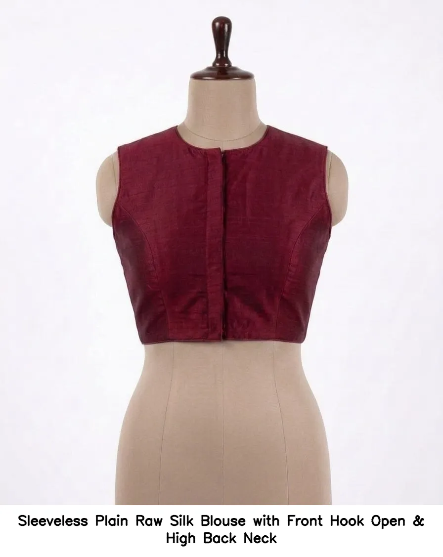 Sleeveless Plain Raw Silk Blouse with Front Hook Open & High Back Neck 5