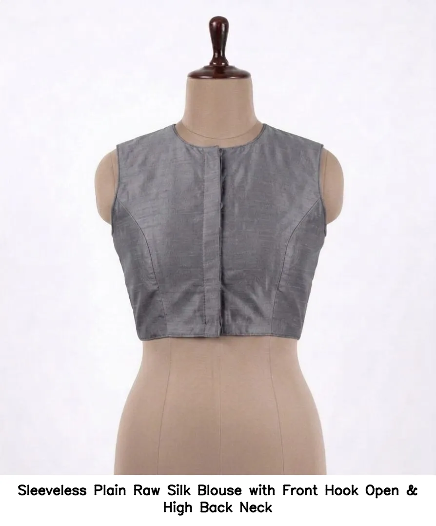 Sleeveless Plain Raw Silk Blouse with Front Hook Open & High Back Neck 6
